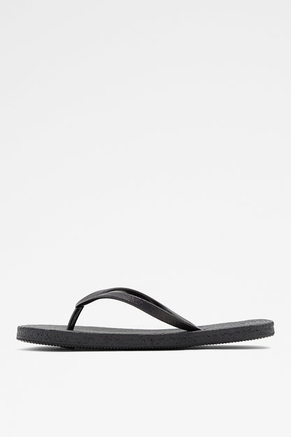 Black thong flip-flop sandal with wide strap and textured footbed