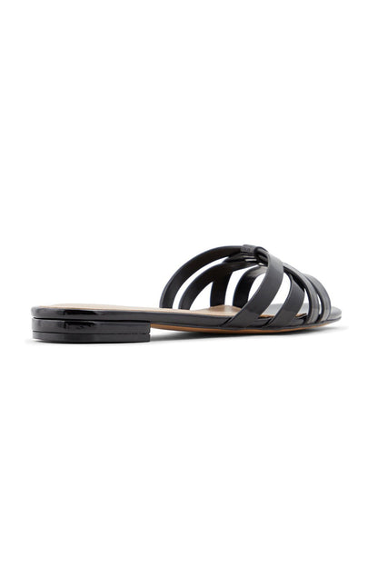 Black slide sandal with double strap crossing, open toe