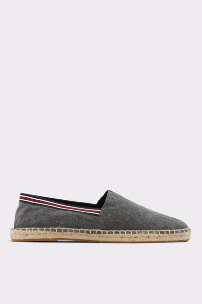 Gray suede espadrille slip-on with jute sole and red-white-navy stripe