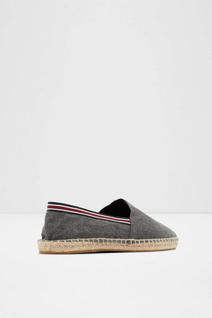Gray slip-on espadrille with jute midsole and striped trim at collar