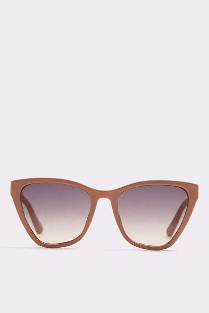 Front view of ALDO brown cat-eye sunglasses with tinted purple lenses