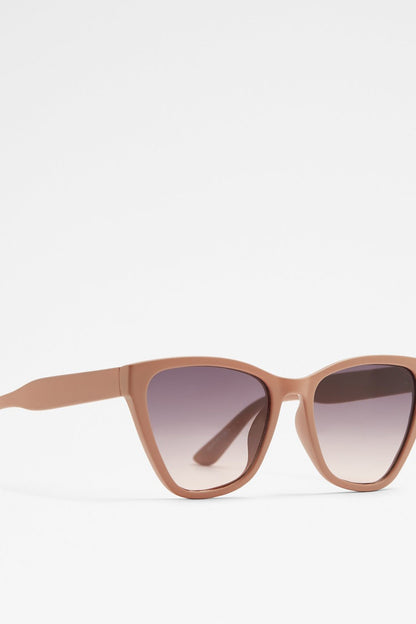 Brown cat-eye sunglasses shown from the side, purple gradient lenses