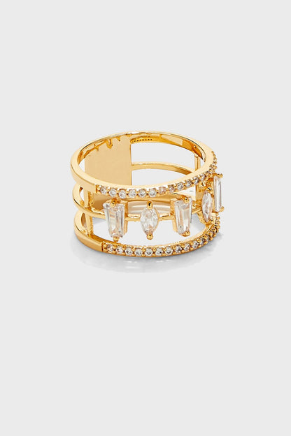 Gold-tone multi-stone statement ring with clear baguette and marquise accents
