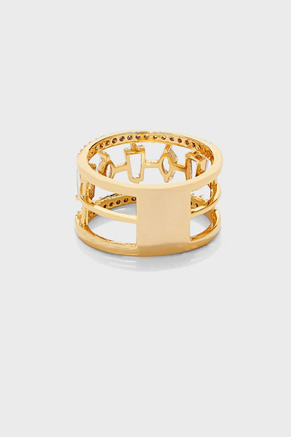 Gold-tone open cuff ring with clear stones and geometric bar design