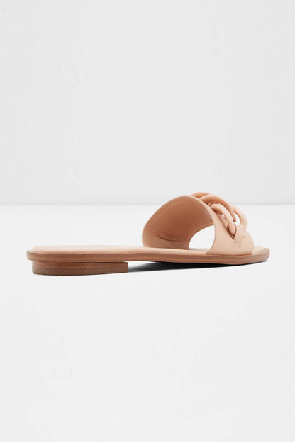 ALDO tan slide sandal with wide toe strap, cushioned footbed, low wooden sole