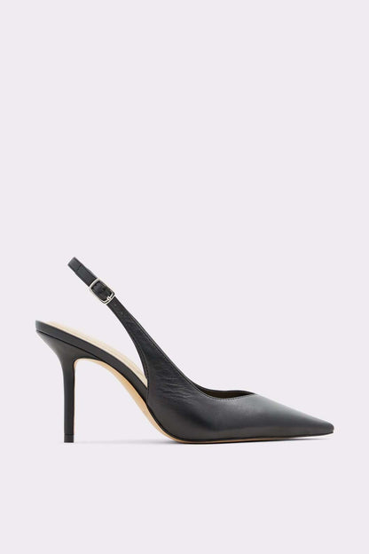 Black leather slingback pumps with buckle ankle strap and high heel