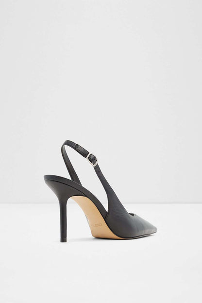 Black leather slingback pumps with buckle ankle strap, pointed toe, high heel