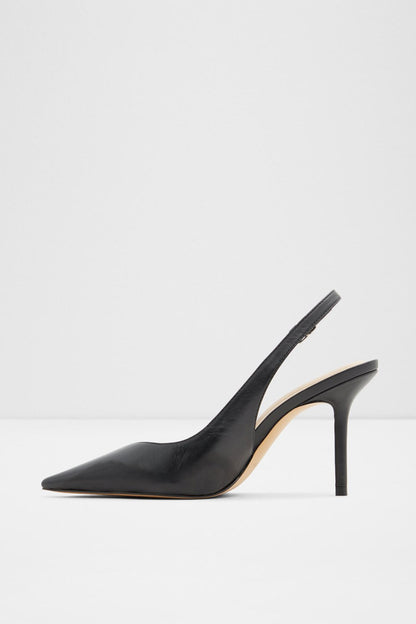 Black leather pointed-toe high-heel pumps with sleek slingback design