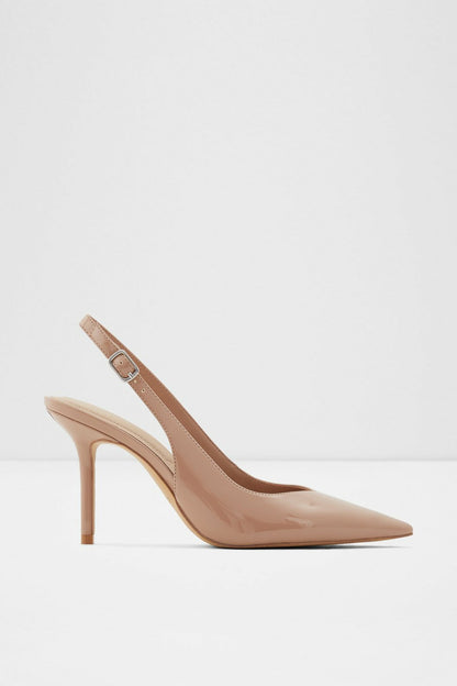 Bone patent pointed-toe slingback heels with ankle strap and slim stiletto heel