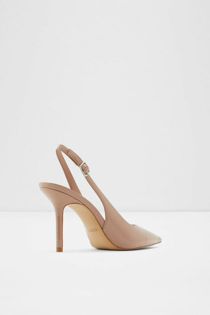 Bone patent slingback heels with ankle strap and pointed toe, slim stiletto heel