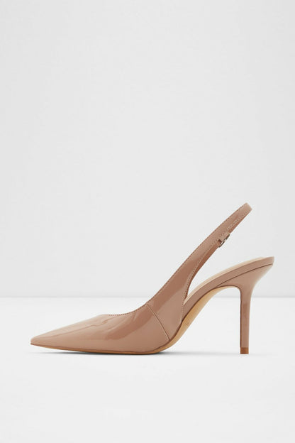 Bone patent pointed-toe slingback heel with slim stiletto heel and ankle strap