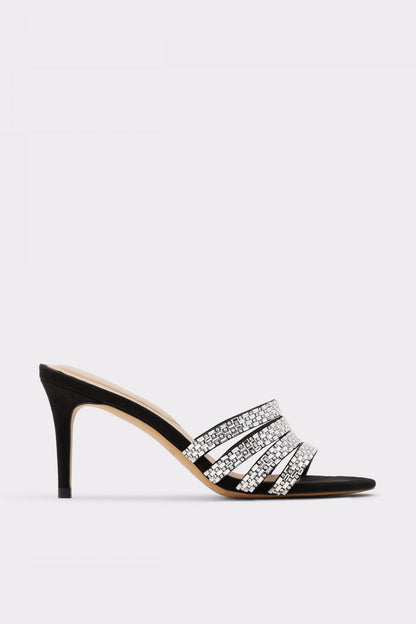 Black heeled sandal with rhinestone cross straps, open toe, stiletto heel