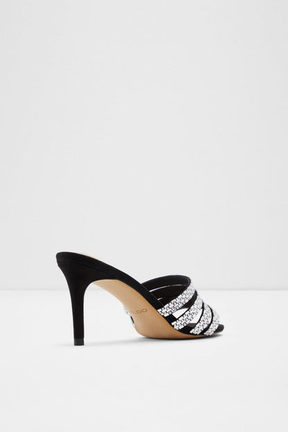 Black heeled mule sandal with rhinestone cross straps and slim stiletto heel
