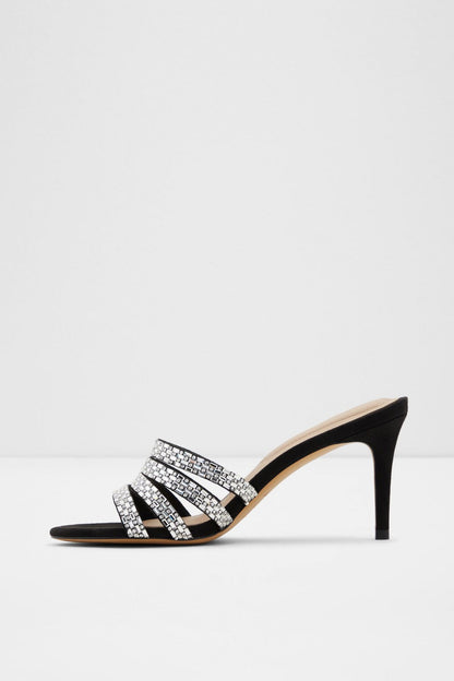 Black and rhinestone heeled mule sandal with open toe and stiletto heel