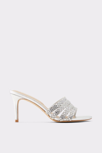Silver rhinestone mule heeled sandal with open toe straps
