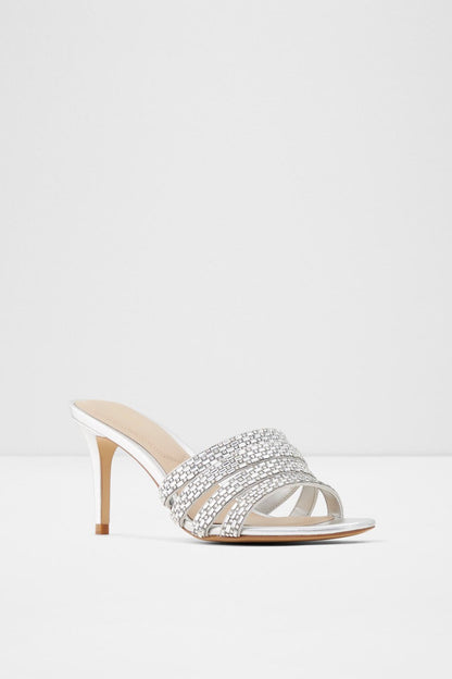 Silver rhinestone slide sandal with slim stiletto heel and open toe