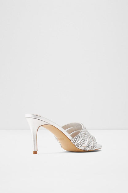 Silver rhinestone mule heeled sandal with open toe and stiletto heel