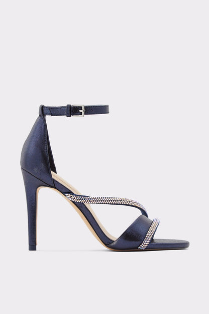 ALDO navy heeled sandal with ankle strap and rhinestone strap detail