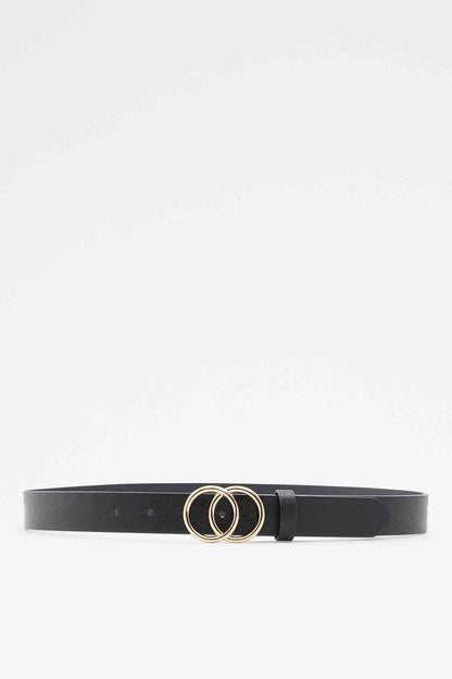 Black leather belt with double ring gold-tone buckle and prong closure