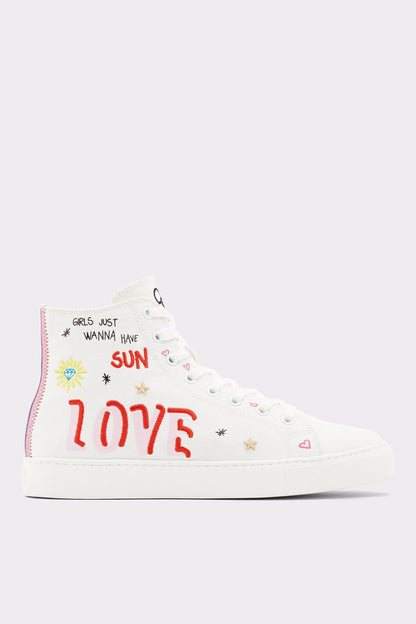 White high-top lace-up sneakers with colorful graphic lettering and star accents