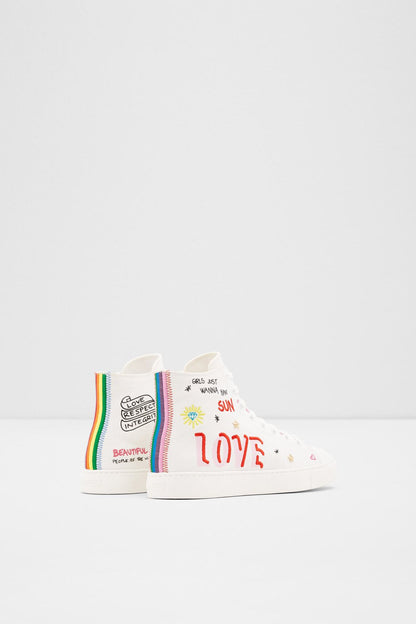 White high-top sneakers with multicolor side stripe and rainbow heel detail
