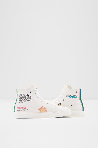 White high-top sneakers with colorful heel text and multicolor side stripe