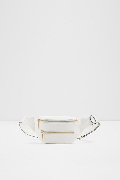 ALDO white waist belt bag with gold zippers and adjustable shoulder strap
