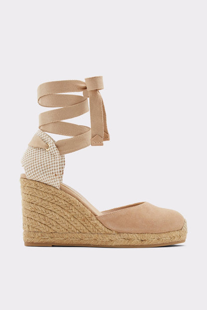 Wedge espadrille sandal with ankle wrap ties and houndstooth toe cap, bone color