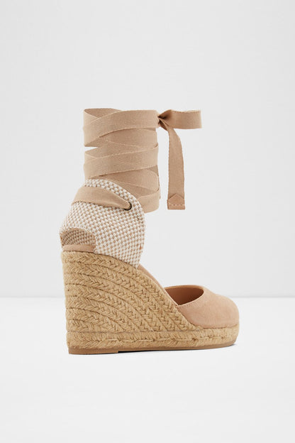 Wedge espadrille sandal with ankle wrap ties, houndstooth upper, open toe, bone