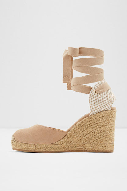 Wedge espadrille sandal with ankle wrap ties, smooth toe, textured espadrille sole