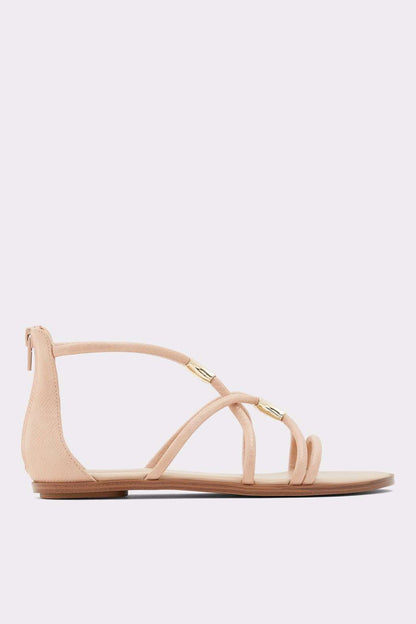 ALDO tan leather flat sandals with T-strap and gold-tone buckles
