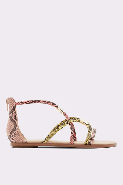 Multicolor strappy flat sandal with pink snake-texture ankle boot