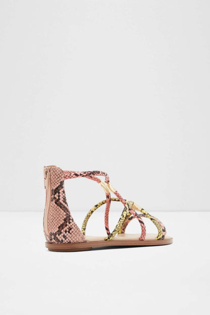 Pink snake-texture ankle boot sandal with green/yellow/red straps and gold-tone rings