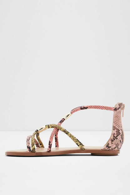 Pink snake-texture ankle boot sandal with multicolor crisscross straps and open toe