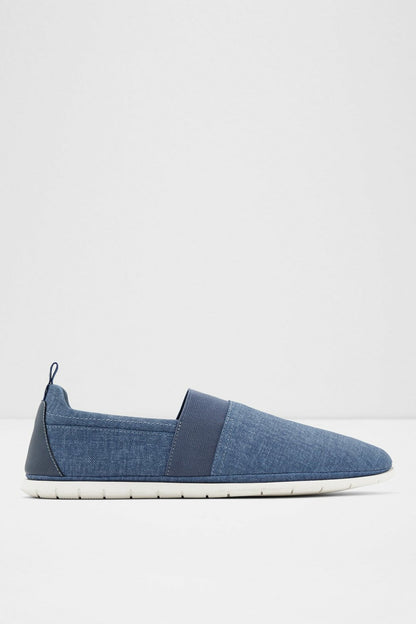 Blue canvas slip-on sneaker with elastic gore and white rubber sole