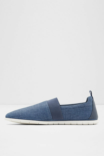 Blue canvas slip-on sneaker with elastic gore and textured rubber outsole