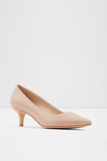 Beige pointed-toe low-heel pump, side view