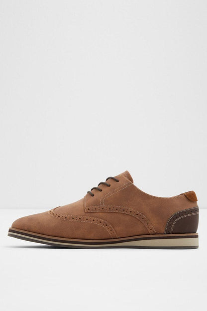 ALDO cognac suede lace-up oxford shoe, front side view with stitching