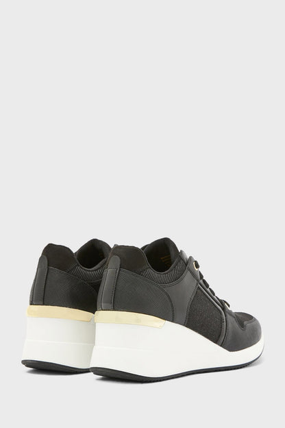 Black low-top lace-up sneakers with knit panels and white midsole