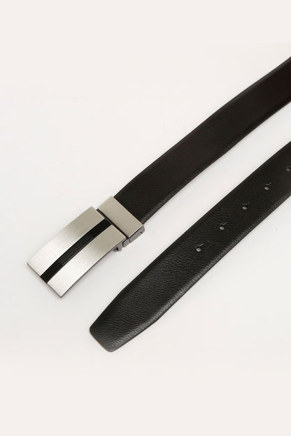 ALDO dark grey belt close-up with silver buckle and row of adjustment holes
