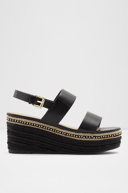Black platform wedge sandals with two straps and gold buckle, espadrille trim