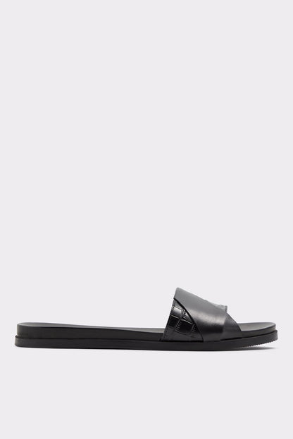 ALDO black leather slide sandal with wide croc-textured strap and flat sole