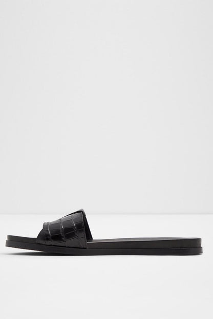 ALDO black slide sandal with triangular strap detail and flat rubber sole