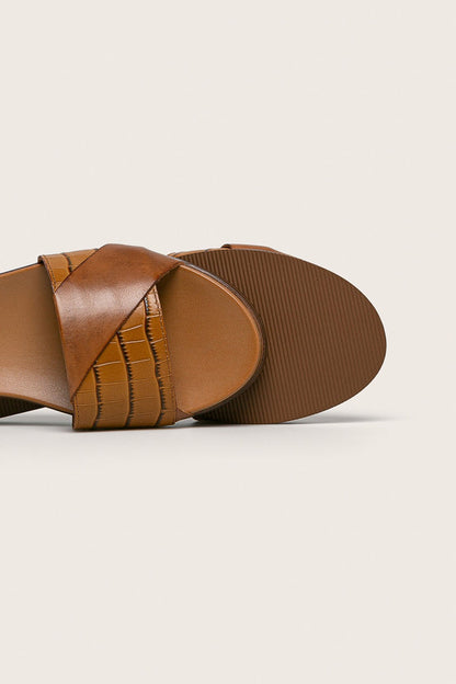 Slide sandal sole view with ribbed footbed and woven strap