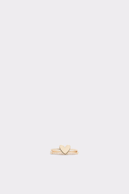 Gold-tone heart ring with clear stones and stacked band detail