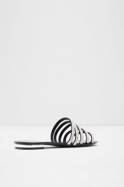 Black and white striped flat sandal with rhinestone crisscross straps