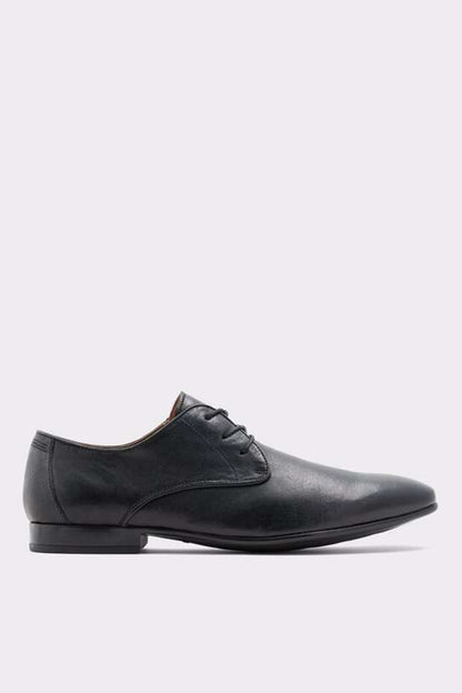 Black lace-up dress shoe with smooth leather upper and cap toe