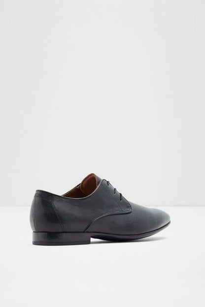Black lace-up dress shoe with brown lining, low profile sole
