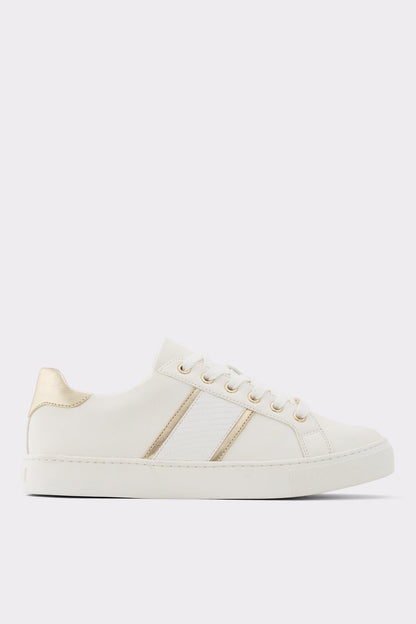 ALDO low-top lace-up sneakers, off-white with gold side stripes and white sole