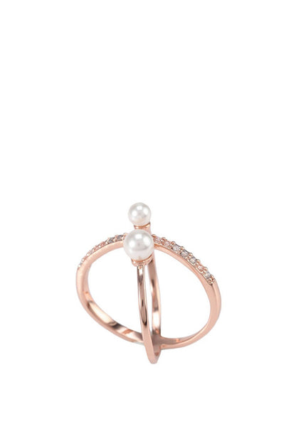 ALDO rose gold ring with pearl centerpiece and small crystal accents